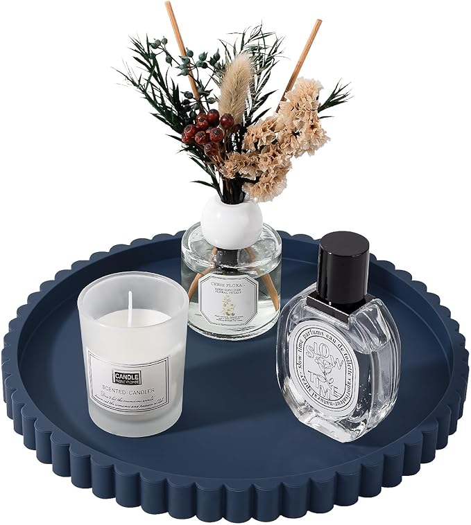 Round Bathroom Tray Silicone Kitchen Counter Decor Vanity Organizer Decorative Coffee Table Tray for Perfume, Candle, Soap Dish, 9 Inch, Dark Blue