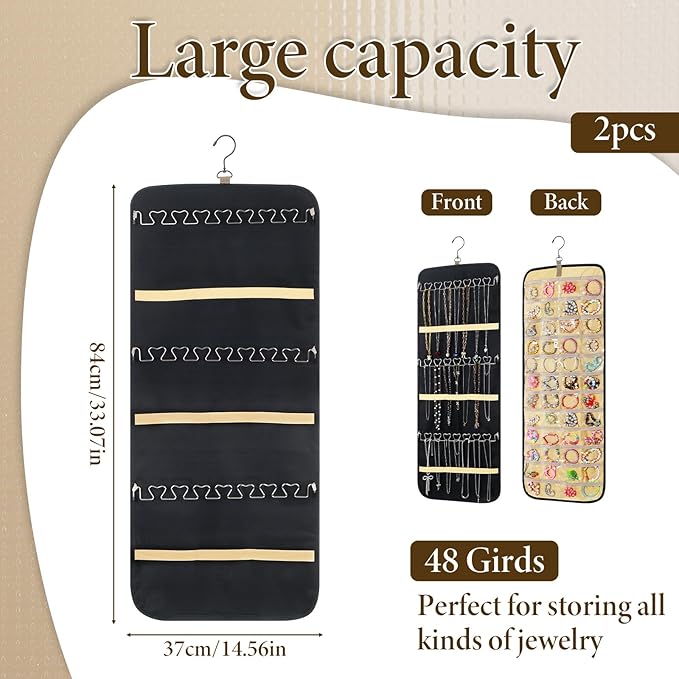 2 Pack Hanging Jewelry Organizer Storage with 48 Pockets and Hooks Dual-Sided Hanging Jewelry Organizers and Storage Hang on Closet, Wall, Door for Earrings, Necklaces, Rings,Blcak