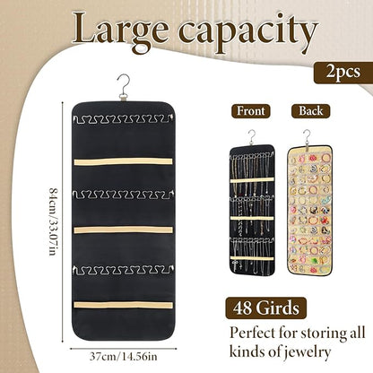 2 Pack Hanging Jewelry Organizer Storage with 48 Pockets and Hooks Dual-Sided Hanging Jewelry Organizers and Storage Hang on Closet, Wall, Door for Earrings, Necklaces, Rings,Blcak