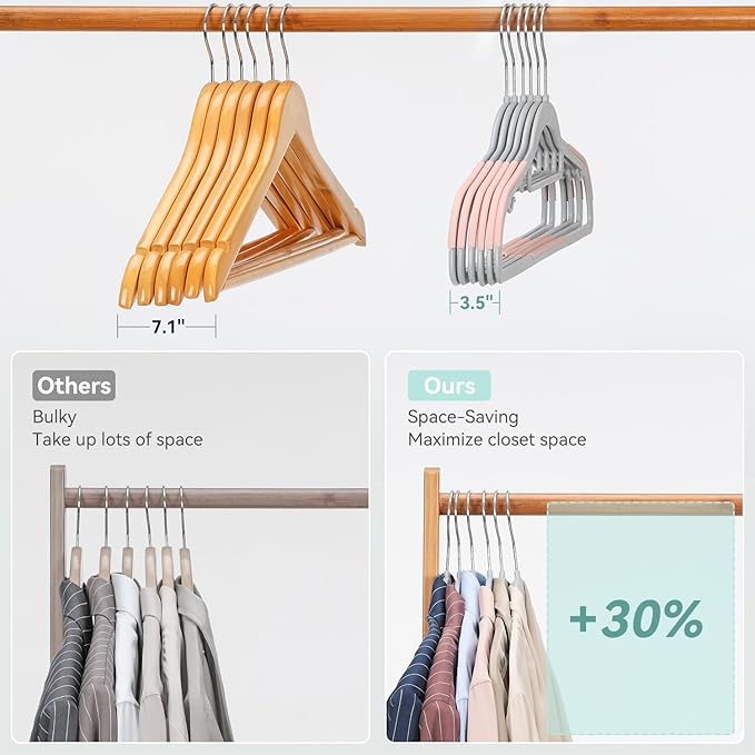 Tonswachic Pack of 30 Coat Hangers, Space-Saving Plastic Clothes Hangers, Non-Slip, 0.2 Inches Slim, 360° Swivel Silver Hook for Shirts, Pants, Suit & Wet/Dry Garments, Pink and Dark Gray