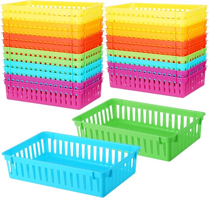 Wenqik 24 Pcs Plastic Storage Baskets for Classroom Organizing Small Pantry Storage Bins Rectangular Tray for School Household Toys Classroom Bedrooms, Kitchens Countertops (Rainbow Color)
