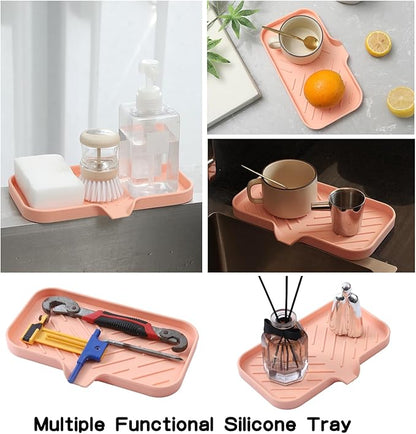 MicoYang Silicone Bathroom Soap Dishes with Drain Spout-Bathroom and Kitchen Sink Organizer,Sponge Holder,Dish Soap Tray,Perfect for Dispenser,Scrubber,Bottle,Cup on Sink or Counter-Pink 9.6"×5.3"