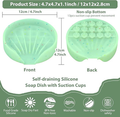 Silicone Bathroom Soap Dishes, Self Draining Waterfall Bar Soap Holder & Saver, Dish Soap Tray, Sponge Holder, 13 Non-Slip Suction Cups Dishwasher Safe for Bathroom Kitchen Shower Sink Organizer Green