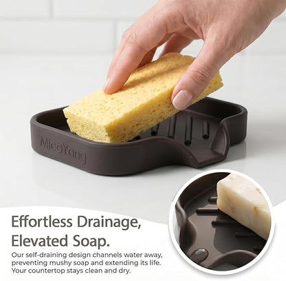MicoYang Silicone Bathroom Soap Dishes with Drain Spout-Bathroom and Kitchen Sink Organizer,Sponge Holder,Dish Soap Tray,Perfect for Dispenser,Scrubber,Bottle,Cup on Sink or Counter-Coffee 4.9"×3.2"