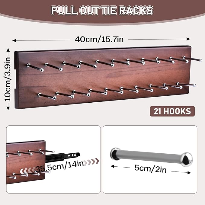 Wood Pull Out Belt Rack for Closet, 21 Tie Hanger Extending Sliding Tie Rack Hanger, Side Mount Sliding Rail Organizer Storage Rack Holder with 21 Hooks for Ties Scarves Belts Shawls, Wooden
