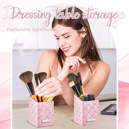 ReliThick 2 Pcs Pink Makeup Brush Holder, Crystal Bling PU Leather Vanity Organizer, Waterproof Glitter Cosmetic Brush Cup for Dresser Countertop Decor Gift for Women