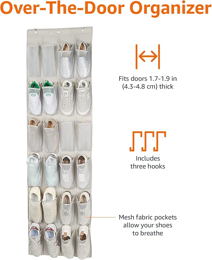 Amazon Basics 24 Medium Mesh Pocket Over-the-Door Hanging Shoe Organizer, Space Saving Shoe Storage, Light Grey | Over-the-Door