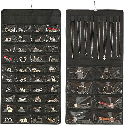 Hanging Jewelry Organizer Storage Earring Jewelry Storage Bag With 48 Pockets Necklace Bracelet Ring Glasses Accessory Display Rack (A48- Black)