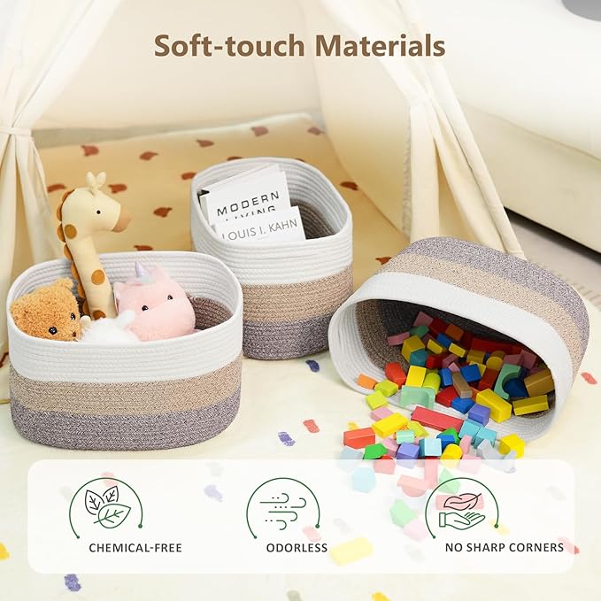 ECDYQXVU Cotton Rope Storage Basket, 15x10x9 Inches, Woven Basket for Shelves, Clothes, Towels, Books, and Laundry, White Brown (3 Pack)