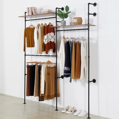 Industrial Pipe Clothing Rack with 2 Shelves, Clothes Rack Wall Mounted Heavy Duty Clothing Store Display Stands Garment Rack Closet System(Black, 96.5x80.7inch)