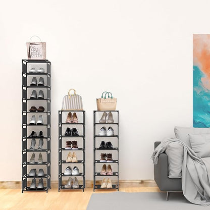 Vertical Shoe Rack, 10 Tier Narrow Shoe Rack for Closet & Entryway, Space Saving Tall Shoe Organizer for Small Spaces, Sturdy Metal Stackable Shoe Shelf Tower for Boots & Heels, Black