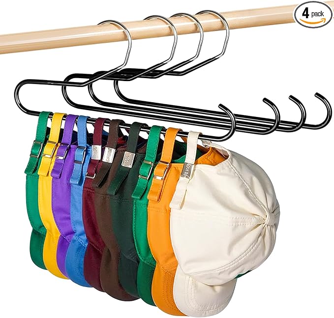 Hat Storage Organizer for Baseball Caps, Lomrsiul Non Slip PVC Coating Hat Rack Hangers for Closet Hat Holder Max 10 Hats Closet Organizers and Storage for Cap Purse Belt Tie Bra Black 4 Pack