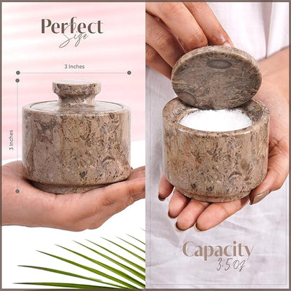 MARBLOUS KRAFTS Marble Salt Cellar with Lid 3" Oceanic Flaky Salt Bowl Kitchen Countertop Storage, Perfect for Small Spice Jar and Sugar Bowl