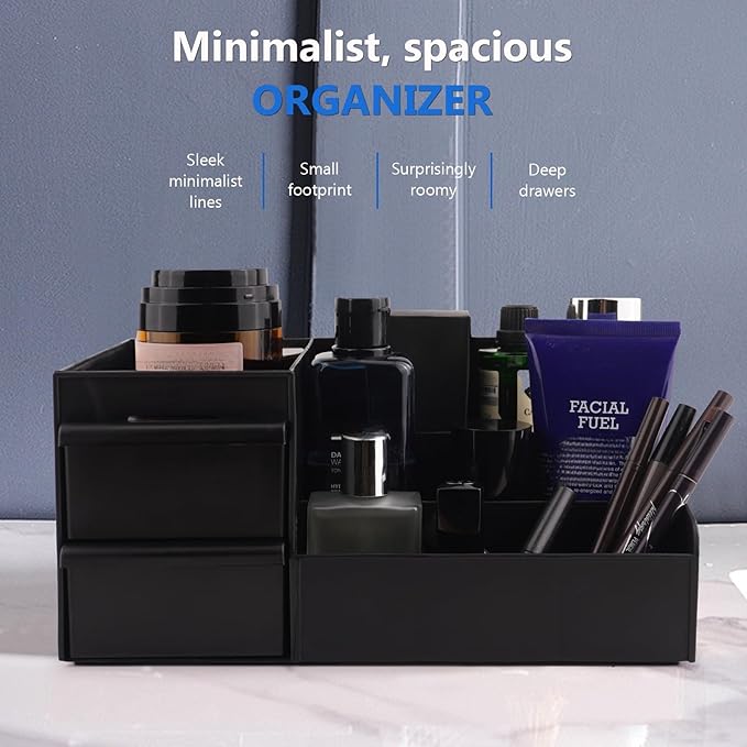 Black Cologne Organizer for Men - Large Countertop Organizer with Drawers for Cologne, Perfume, Shaving & Skincare - Bathroom & Vanity Storage, Ideal Gift for Boyfriend, Husband, Dad & Friends