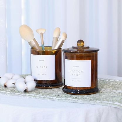 Ronasip Qtip Holder & Cotton Pad Dispenser, Bathroom Organizer and Storage Canisters, 16oz Glass Apothecary Jars for Kitchen, Restroom - Home Decor Accessories, Room Decor Aesthetic (2 Pack, Amber)