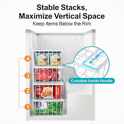iSPECLE Freezer Organizer Bins - 4 Pack Stackable Chest Freezer Organizer for 5 Cu Ft Deep Freezer Sort Frozen Food, Deep Freezer Organizer Bins Easy to Get Food from Bottom without Digging, White