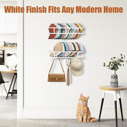 White Metal Wall Mounted Hat Racks for Baseball Caps, 2-Pack Sturdy Hat Organizer Holds 60+ Caps, Wall & Closet Display Storage Holder