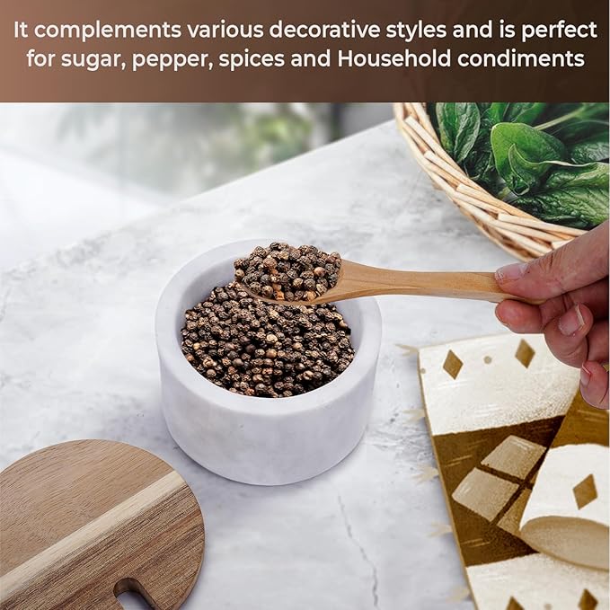 A salt cellar with a wooden lid and spoon,Elegant Kitchen Salt Container for Storage Pepper Spice Bath Salt Sea Salt