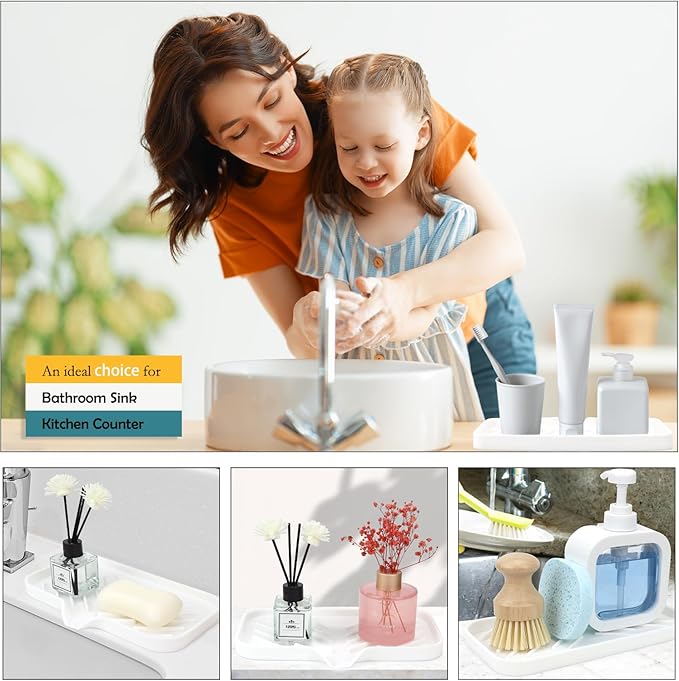 Yasmen Silicone Bathroom Soap Dishes, Sink Sponge Holder for Kitchen, Rubber Soap Dish with Drain, Shower Soap Sponge Tray, Sink or Counter Organizer, for Bar Soap, Bottle, Dish Soap Dispenser-White