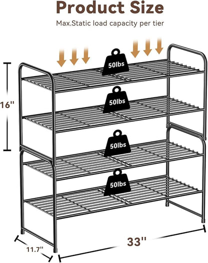 Standard Shoe Rack 2-Tier 32.5 Inches Wide, Free Standing Shoe Organizer for Indoor Outdoor | Adjustable Heavy-Duty Metal Shelf Ideal for Home Entryway Closet & Garage Balcony | Black