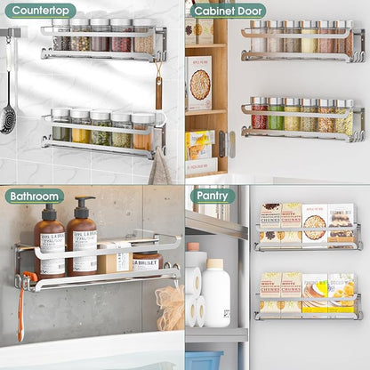 LUCYCAZ 2 Pack Wall Mounted Spice Rack with 8 Hooks, Spice Organizer Shelf for Stove Cabinet Pantry Door,Screw or Adhesive Spice Shelf Hanging Wall Spice Rack in Kitchen and RV (Silver, 2 PACK)