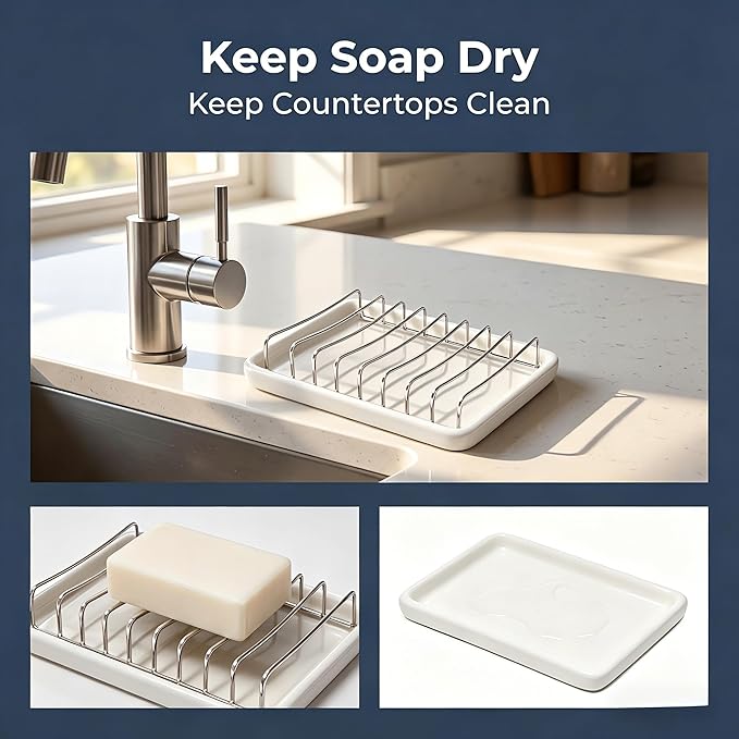 Ceramic Soap Dish with Stainless Steel Drain Tray Self Draining Soap Holder Sponge Holder Soap Dishes for Shower, Bathroom, Kitchen Sink