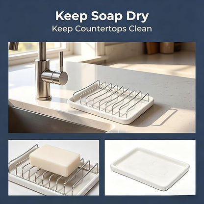Ceramic Soap Dish with Stainless Steel Drain Tray Self Draining Soap Holder Sponge Holder Soap Dishes for Shower, Bathroom, Kitchen Sink
