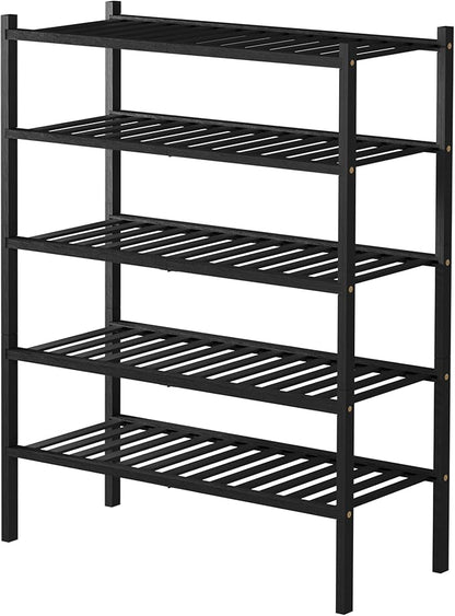 ROMGUAR CRAFT 5 Tier Bamboo Shoe Rack for Closet Free Standing Wood Shoe Shelf for Entryway Small Space Stackable 27"x11"x33" (Black)