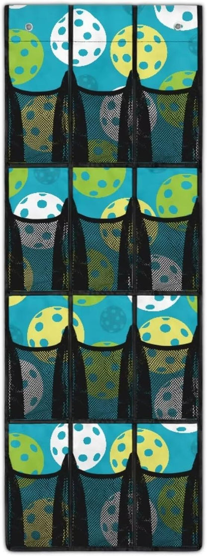 12-Pocket Storage Hanging Bag Behind the Door, Over the Door Organizer with Mesh Pockets for Shoes Essentials, Space Saving Door Organizer for Bedroom Dorm Closet, Pickleball Pattern
