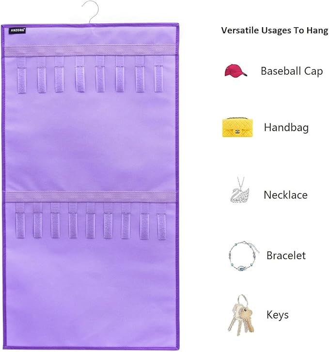 Dual-sided Hanging Jewelry Organizer with 34 Hook Loops Wall Mounted Necklace Holder Jewelry Display Storage Hanger for Bracelet Chain (PURPLE)