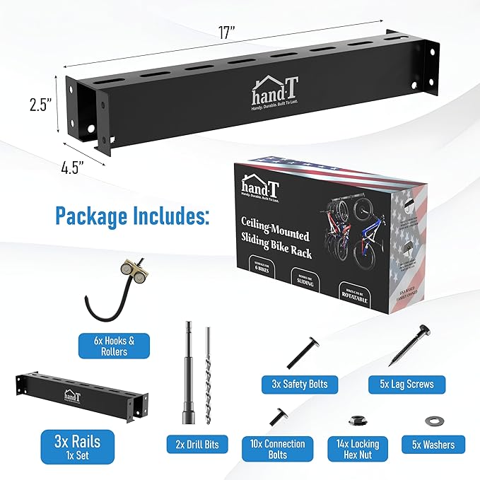 USA Based Ceiling Bike Rack Garage Storage Mount, Bicycle Hanger For Up To 6 Bikes, Sliding 51" Heavy Duty Hook Racks With Padded Hanging Mounts, Hooks Hangers (Black, 3 Rails - 6 Hooks)