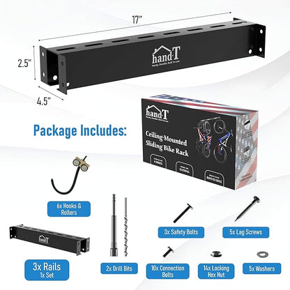 USA Based Ceiling Bike Rack Garage Storage Mount, Bicycle Hanger For Up To 6 Bikes, Sliding 51" Heavy Duty Hook Racks With Padded Hanging Mounts, Hooks Hangers (Black, 3 Rails - 6 Hooks)