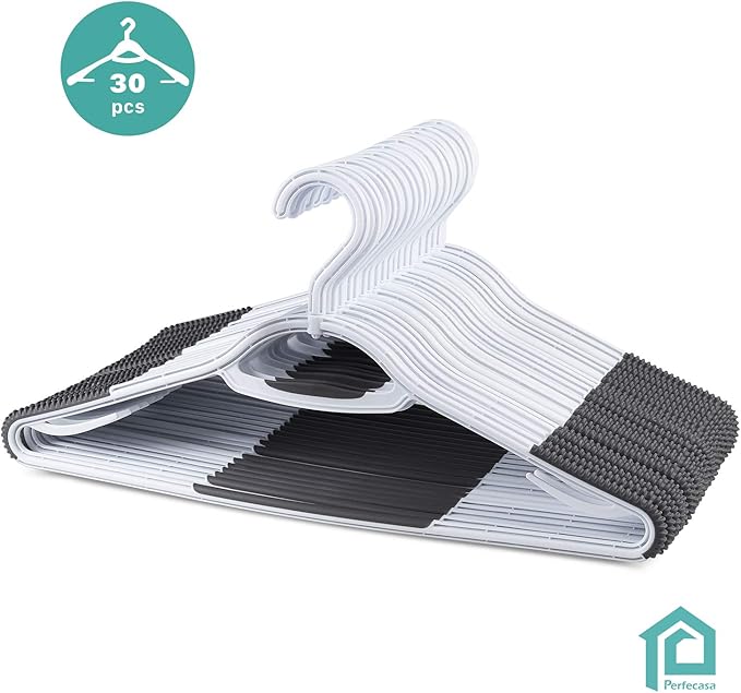 Extra Non Slip Plastic Clothes Suit Hangers with Sure Grip Rubber, 30 Pack, with 360° Swivel Hook, Space Saving, Light Weight, Wet and Dry Use (Pure White/Cool Grey)