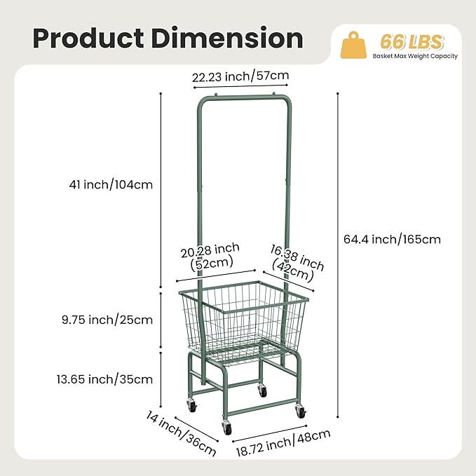 Rolling Laundry Cart with Wheels, Laundry Hamper Basket Organizer with Clothes Hanging Rack, Wire Storage Cloth Shelf Butler, Green