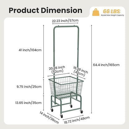 Rolling Laundry Cart with Wheels, Laundry Hamper Basket Organizer with Clothes Hanging Rack, Wire Storage Cloth Shelf Butler, Green