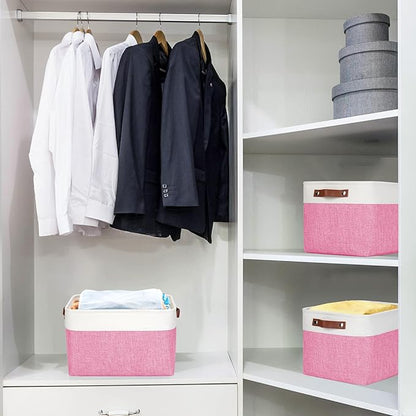 Bagnizer Storage Bins Large Fabric Storage Baskets for Shelves 3 Pack, Decorative Linen Closet Baskets with Handles for Organizing, Shelf, Clothes, Home, Office, 15x11x9.5Inches (Pink&White)