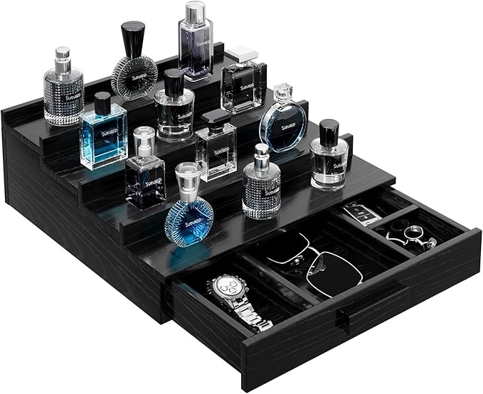 Walnut Wood Cologne Organizer for Men,4 Tier Cologne Stand,Perfume Stand Organizer,Cologne Shelf Display Holder with Hidden Storage and Drawer,Great Gift for Men,Black