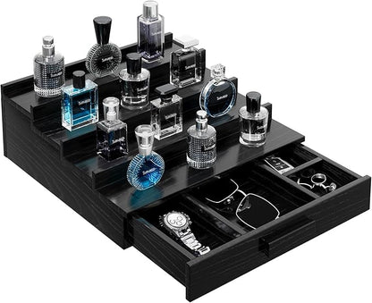 Walnut Wood Cologne Organizer for Men,4 Tier Cologne Stand,Perfume Stand Organizer,Cologne Shelf Display Holder with Hidden Storage and Drawer,Great Gift for Men,Black