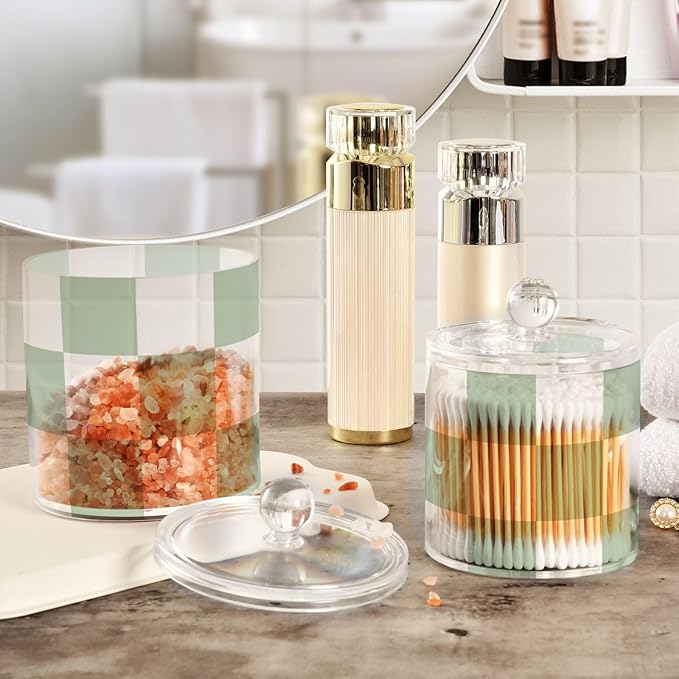 2 Pack Qtip Dispenser Apothecary Jars with Lids Cotton Round Holder Bathroom Canisters for Cotton Swab Floss Ball Pads Clear Plastic Decorative Checkered Green and White