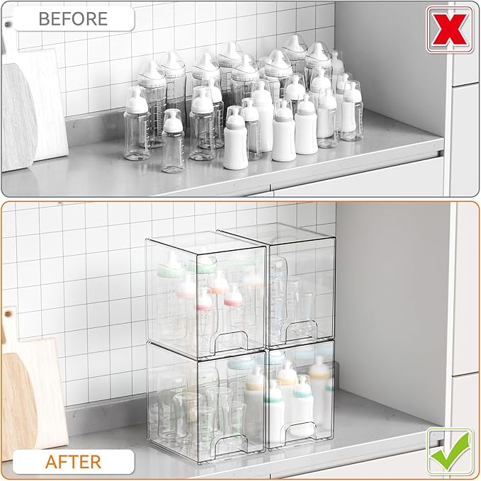 Yieach 7.5" High Stackable Storage Bins,2 Pack Bottle Station and Baby Bottle Storage Organizer for Countertop,Clear Acrylic Drawers for Pacifier,Breast Pump Parts,Storage Containers,Makeup and Lotion