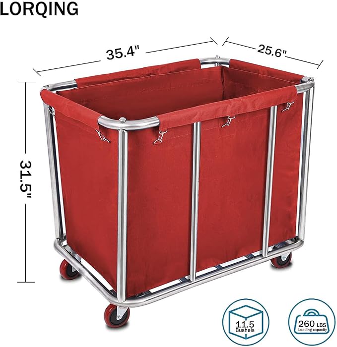 10 Bushels Laundry Cart Commercial/Home,Heavy Duty Large Stainless Steel Rolling Laundry Basket with Wheels，for Laundry Organizer and Storage,260LBS Load (Red)