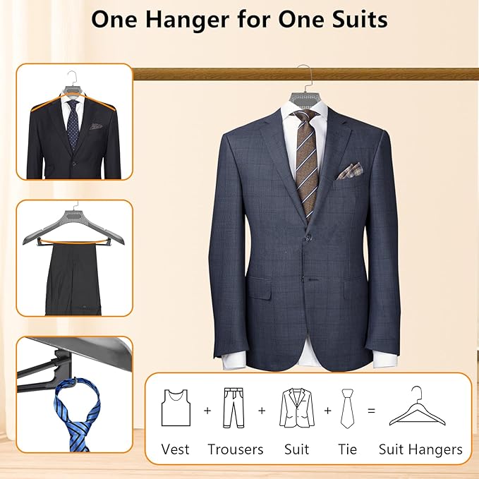 DEDU Suit Hangers for Men 15 Pack, Silver Gray Coat Hangers Extra Wide Non Slip Width 17.7", Thick Plastic with Pants Bar & Metal Hook