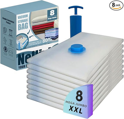 8 Mega Jumbo XXL Vacuum Storage Bags with Pump, Supersized Compression Space Saver for Comforter, duvet, Bedding, Blanket storage, Vacuum Seal Bags for Clothing, Durable Safe Poly Material