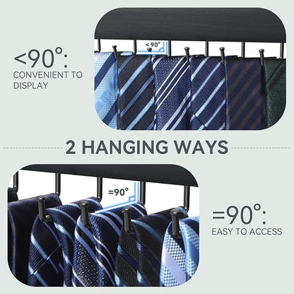 Tie Rack Wall Mount, Wooden Closet Tie Hanger with 24 Metal Hooks, Large Capacity, Black, 2 Pcs