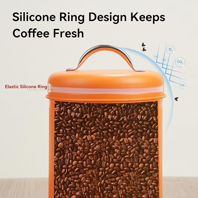 Farmhouse Coffee Canister Storage Container, 42 Oz Vintage Coffee Bean Airtight Jar with Lid, Food Tins with 12 Label Stickers, Kitchen Counter Pantry Organization for Candy Sugar Cookie Tea (Orange)