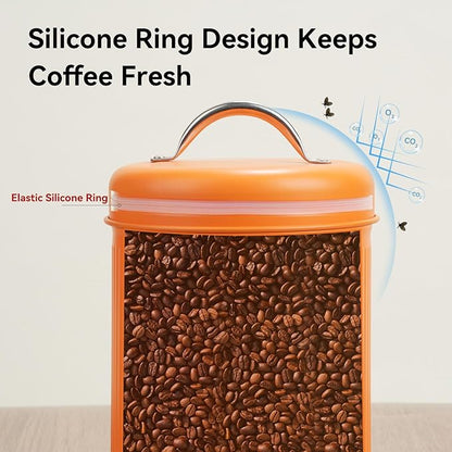 Farmhouse Coffee Canister Storage Container, 42 Oz Vintage Coffee Bean Airtight Jar with Lid, Food Tins with 12 Label Stickers, Kitchen Counter Pantry Organization for Candy Sugar Cookie Tea (Orange)