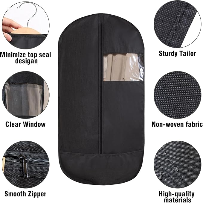 2 Pack 40"x24" Garment bags for travel Suits Bags,Accessories Zipper Pocket Lightweight Foldable with Fitted Protective Hood, Travel and Closet Storage Set, Black
