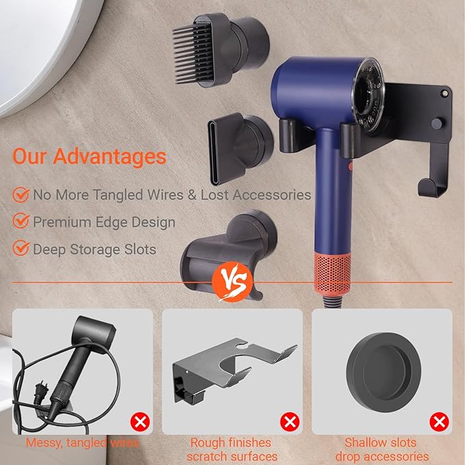 Hair Dryer Holder, Hair Dryer Holder Wall Mounted Self Adhesive Hairdryer Holder forDyson Aluminum Blow Dryer Holder Wall Mounted Black Hairdryer Hanger for Bathroom Black CHOCHOYAH