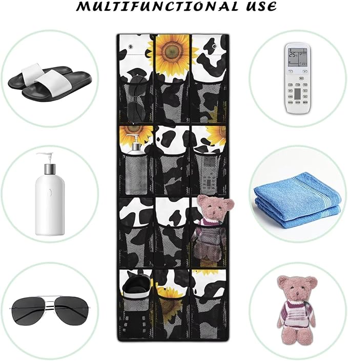Cow Print Sunflower Over The Door Hanging Storage Pockets Space Saving Door Storage Organizer with 12 Breathable Pockets for Bedroom Bathroom