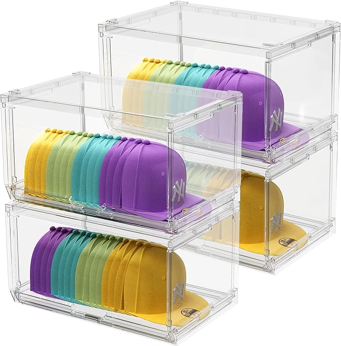 SCAVATA 4 Pack Large Hat Organizer Box, Stackable Clear Baseball Caps Holder Box Containers with Sliding Door for Hats Snapback Cap Storage, Hat Rack Display Case, Holds 20 Hats Each - Clear